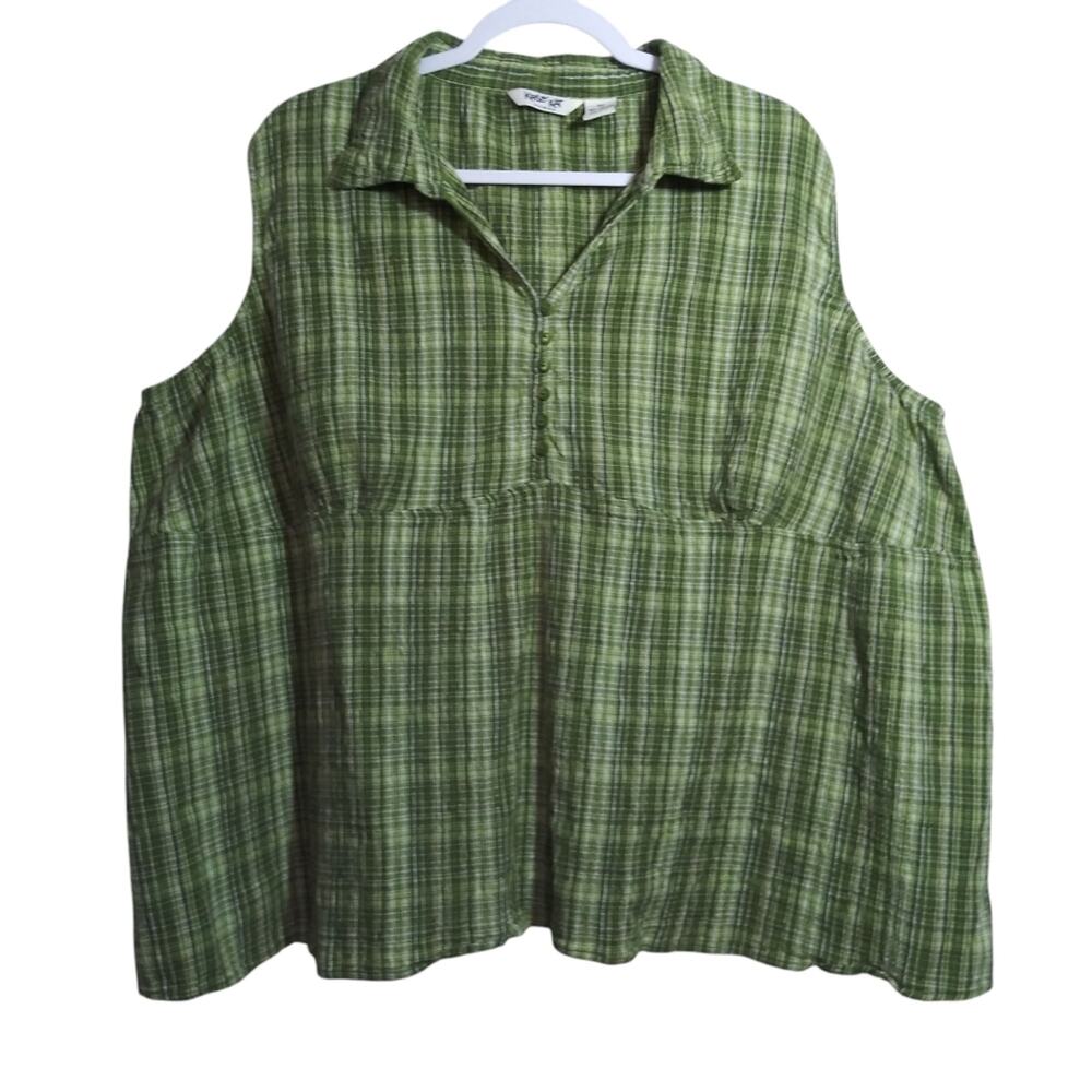 Krazy Kat Green Plaid Sleeveless Babydoll Top Blouse Casual Cotton Size 3X